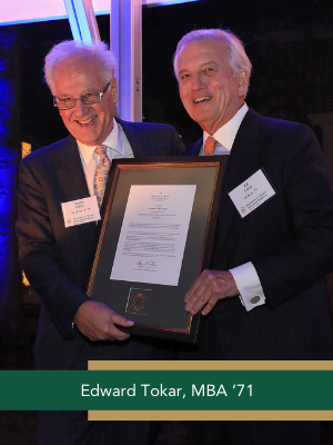 Edward Tokar, MBA ’71, pictured with Dean Larry Pulley