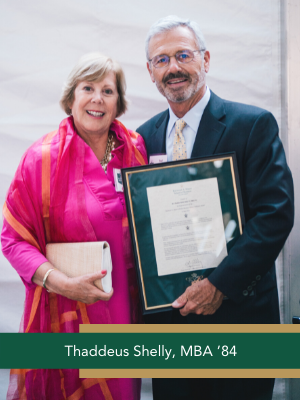 Thaddeus Shelly, MBA ’84, pictured with wife Helen Shelly, M.A.Ed. ’84